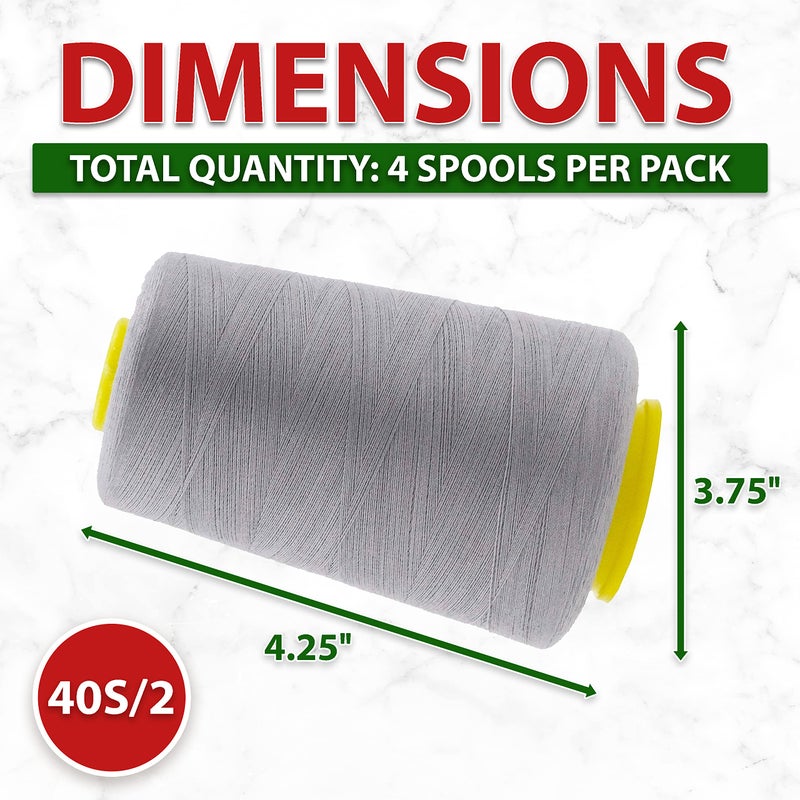 Mandala Crafts 4 Pack of Serger Threads Cones Spools - 40S/2 24000 Yards Polyester Gray Threads for Sergers Machine and Overlock Quilting Sewing Machine - Image 4
